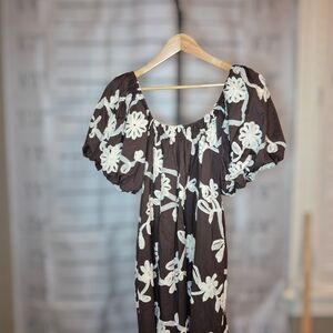 Women’s Brown Maxi Dress with White Floral Embroidery